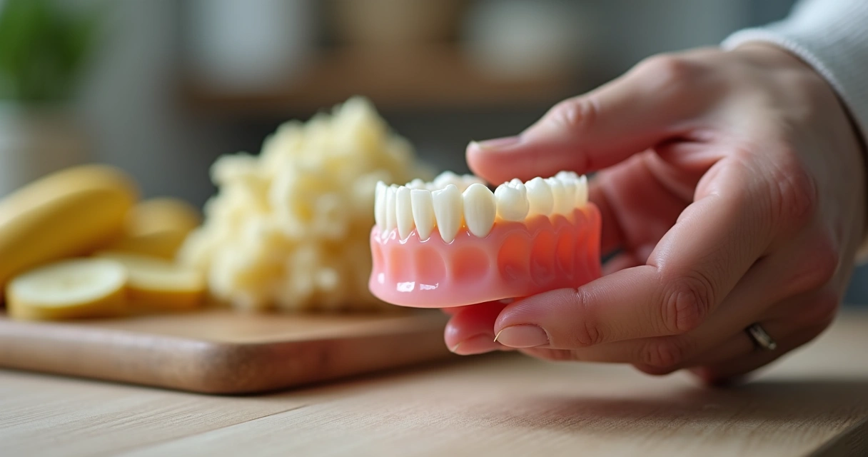 Pessoa segurando prótese flexível removível enquanto prepara alimentos macios