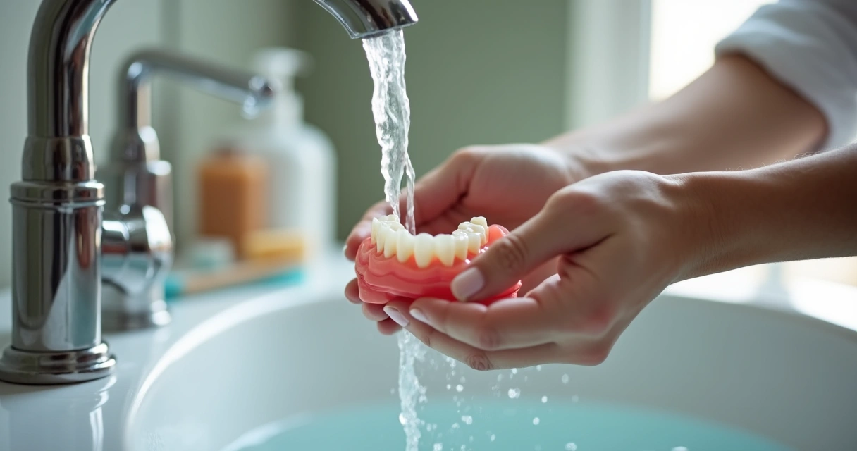 Pessoa limpando prótese flexível sob água corrente