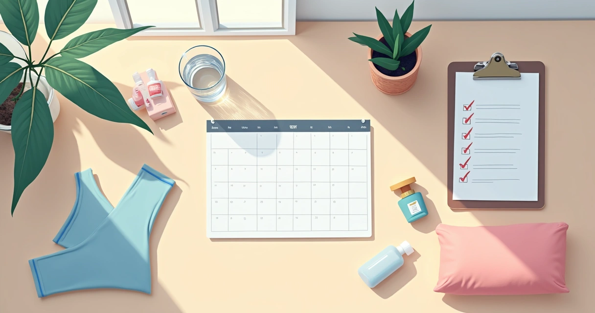 Ilustração de rotina de recuperação com água, malha compressiva e agenda de cuidados
