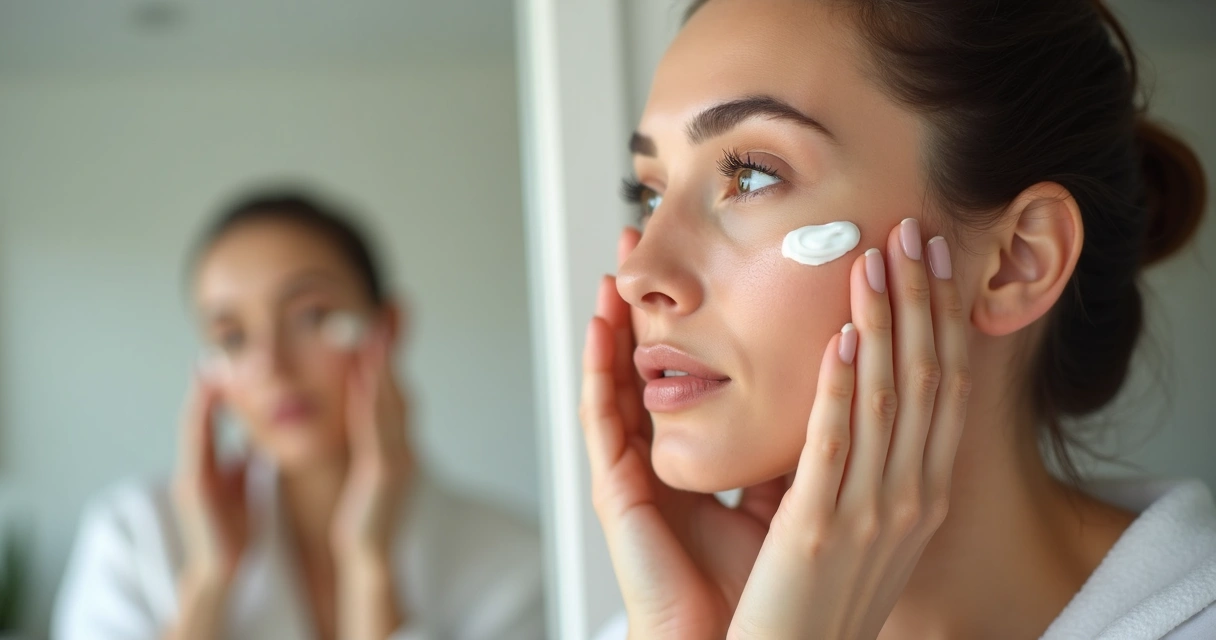 Mulher aplicando creme ao redor dos olhos em ambiente iluminado. 
