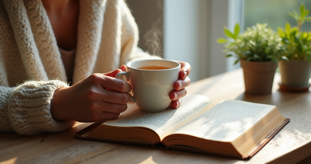 Mãos segurando uma caneca de chá quente ao lado de um livro aberto 
