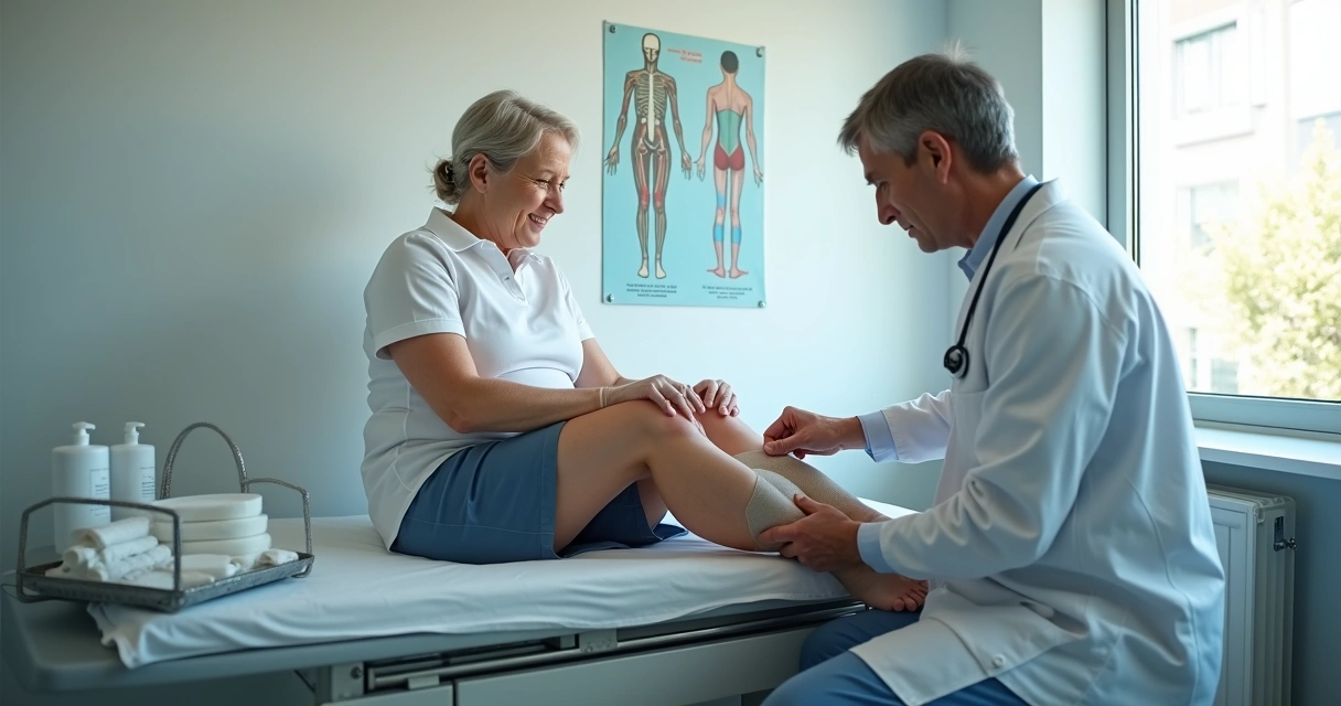 Médico realizando curativo em úlcera venosa na perna de paciente em consultório vascular 