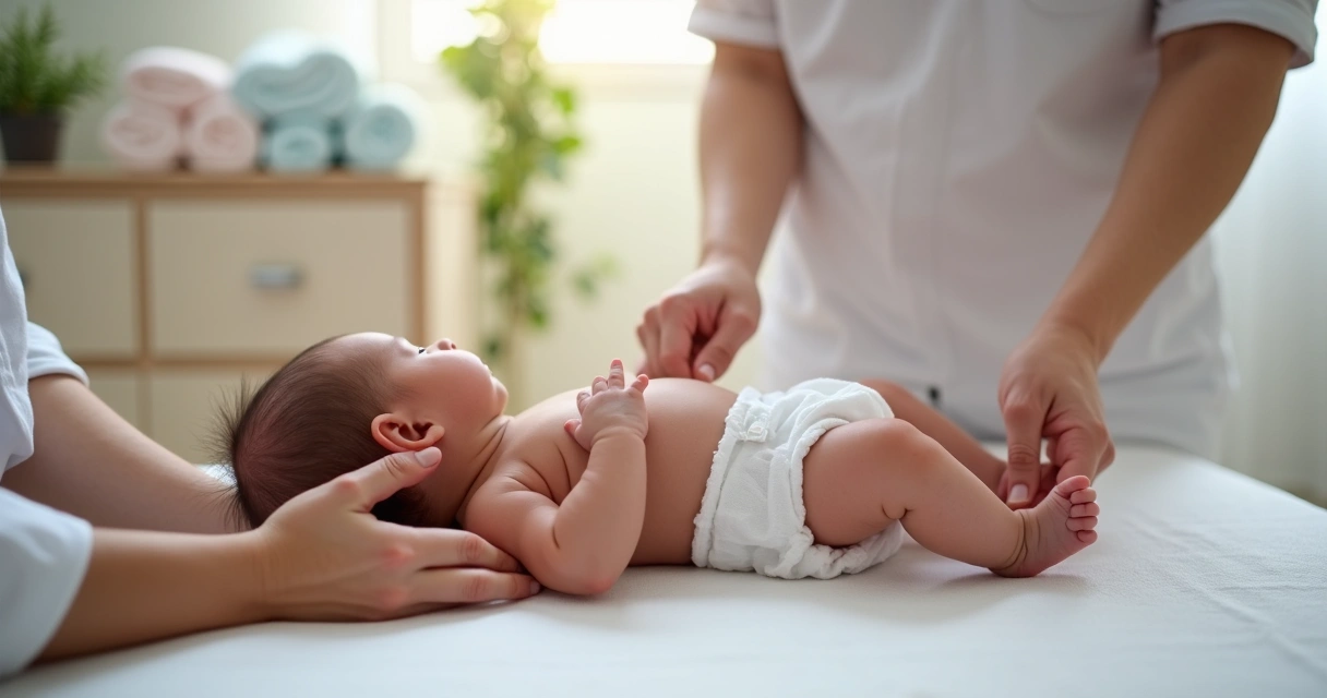Pediatra orienta pais sobre cuidados com umbigo de bebê deitado em trocador 