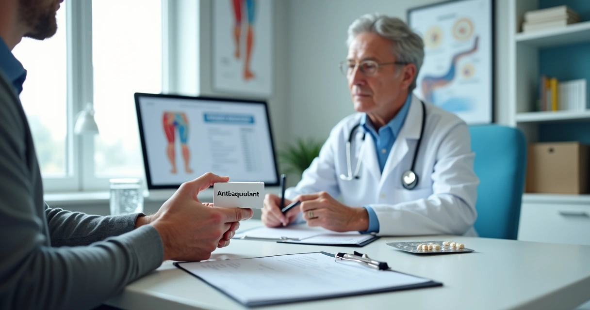 Pessoa segurando caixa de anticoagulante enquanto conversa com médico em consultório 