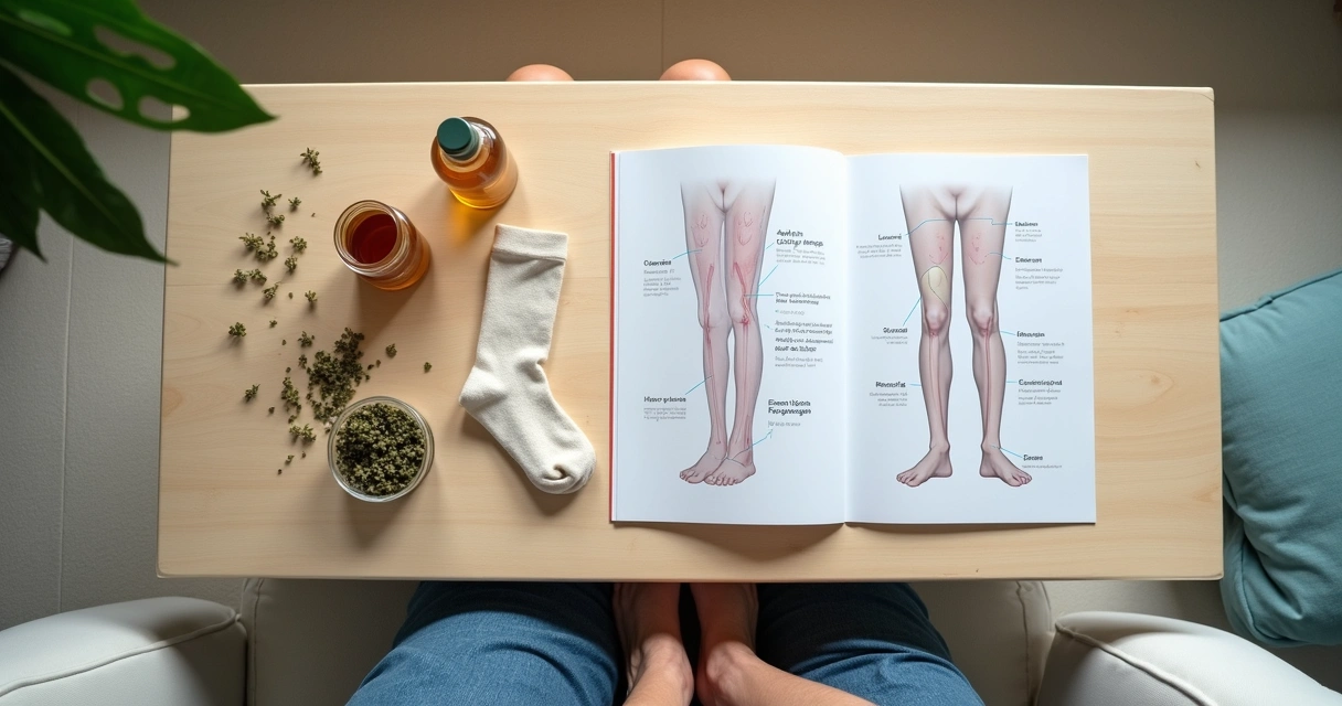 Mesa com itens de tratamento caseiro para varizes e folheto com ilustração das veias das pernas 