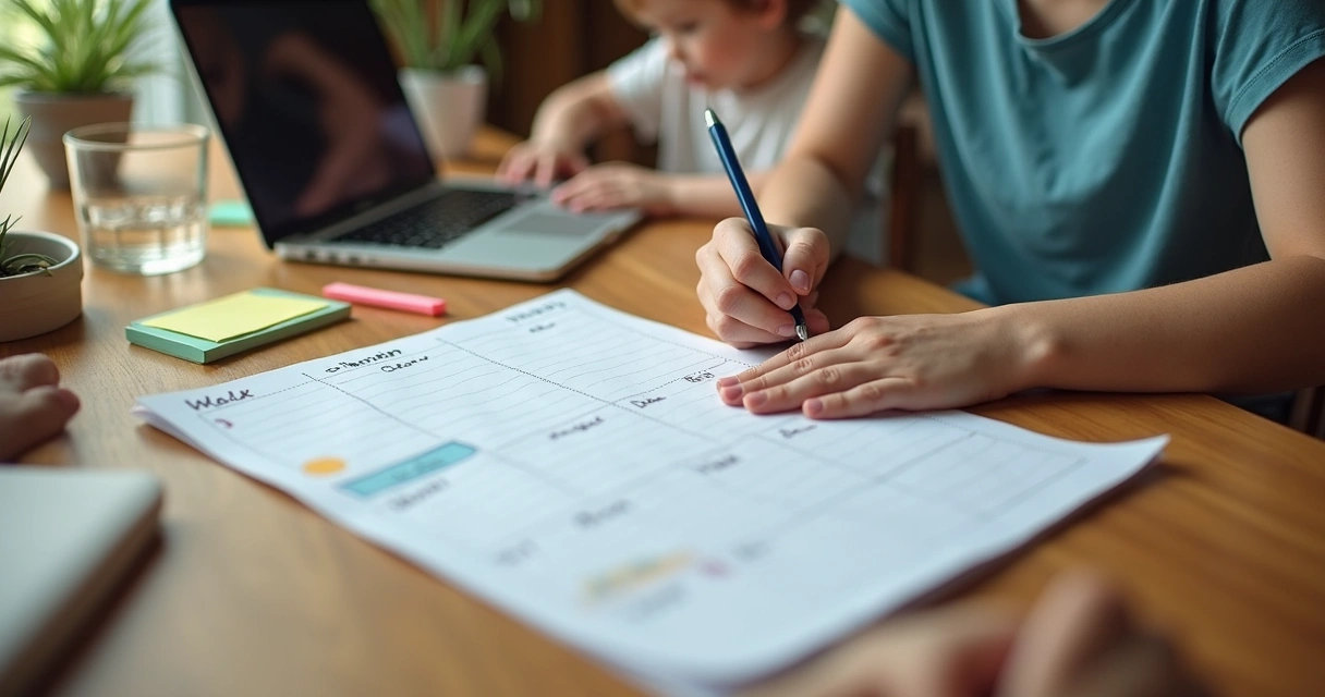 Persona organizando tareas de cuidado y trabajo en una mesa