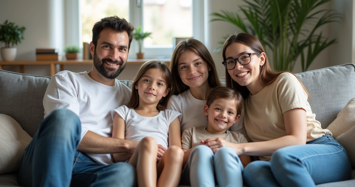 Família reunida no sofá de casa, ambiente acolhedor e tranquilo
