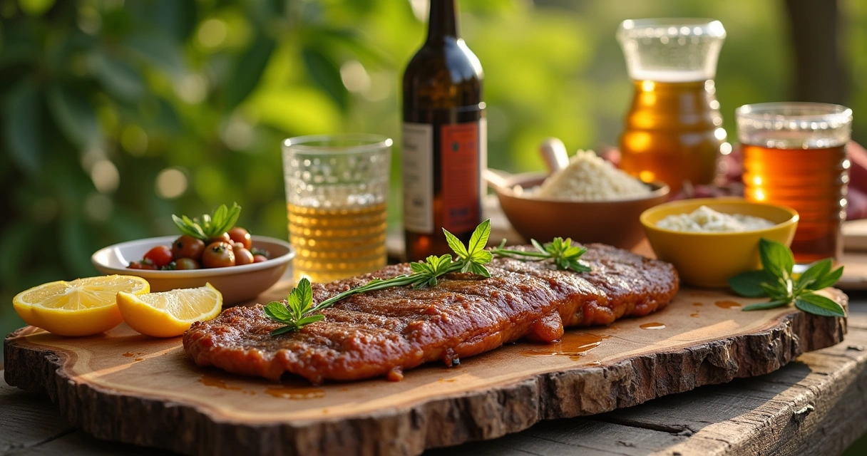 Uma mesa com pratos típicos de Mato Grosso do Sul, focando no pacú assado e tereré, em um ambiente natural e acolhedor. Comida típica do Mato Grosso do Sul , Muito sabor