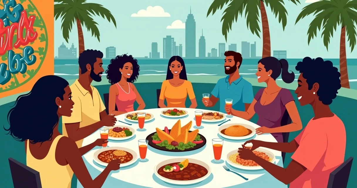 Mesa com pratos latinos variados em torno de pessoas 
