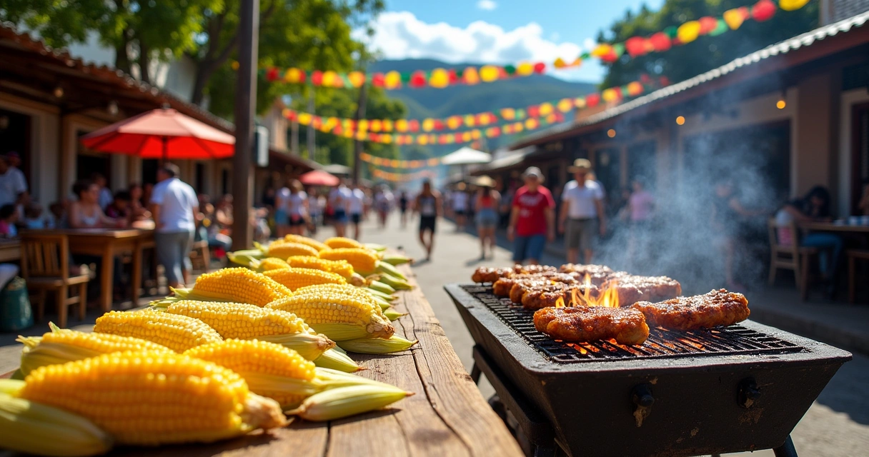 Praça cheia de barracas com pamonha e churrasco, destacando a culinária tradicional de Dourados. comida típica do Mato Grosso do Sul