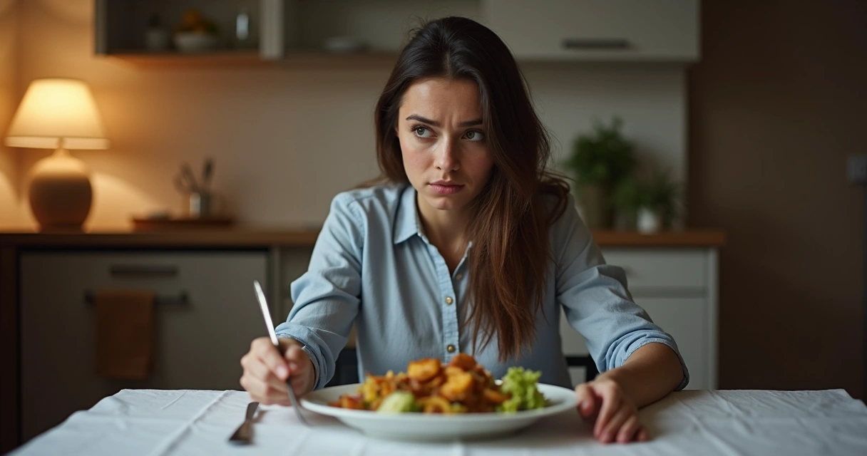 Mujer sentada a la mesa mirando un plato con expresión de culpa