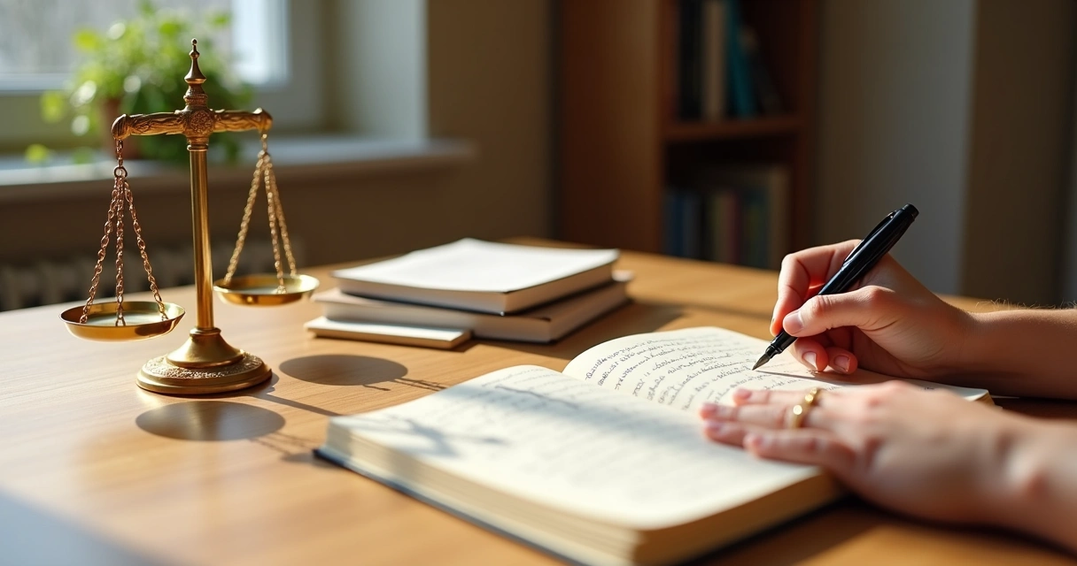 Persona escribiendo en cuaderno junto a balanza dorada de justicia 