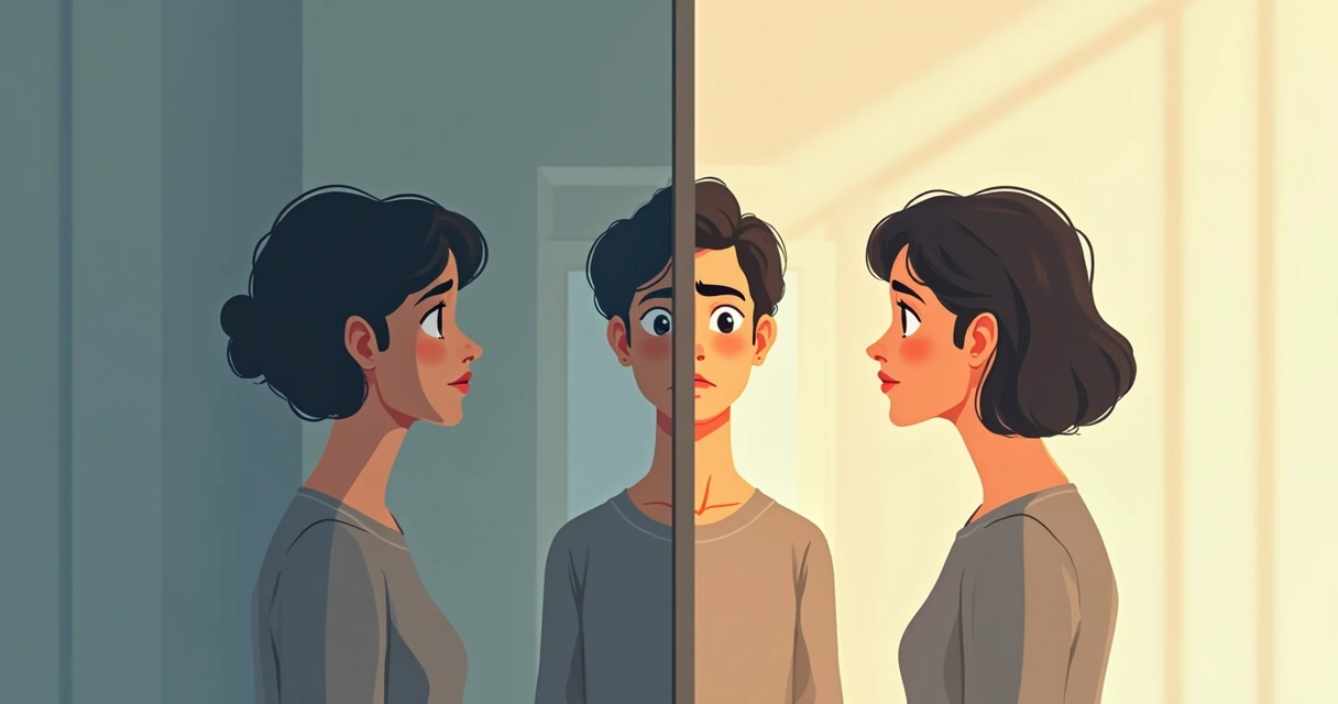 Ilustração de uma pessoa dividida olhando no espelho, metade com expressão de culpa e metade com serenidade.