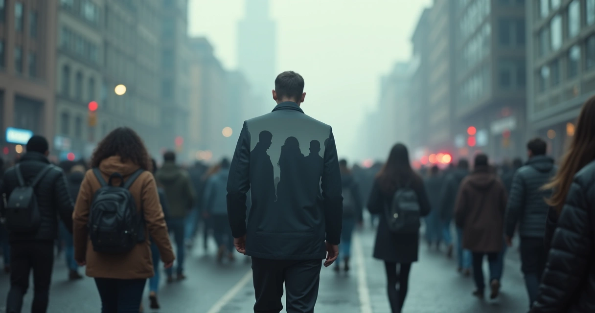 Multidão em rua cinzenta com destaque para uma pessoa carregando peso simbólico nas costas 