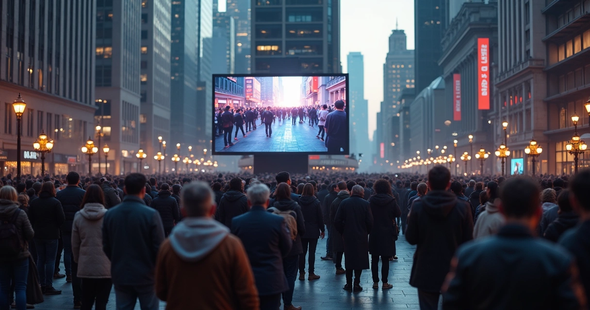 Pessoas reunidas assistindo a notícias em uma grande tela em local público