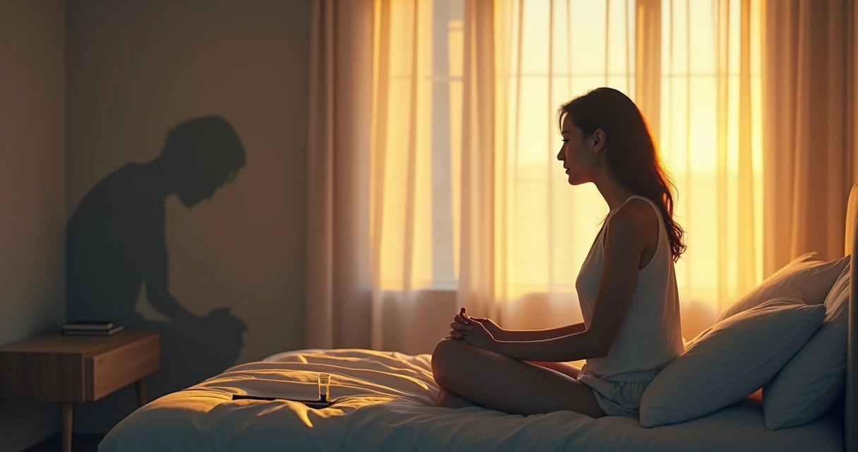 Mujer pensativa con sombra oscura detrás representando culpa y luz cálida frente a ella representando consciencia 