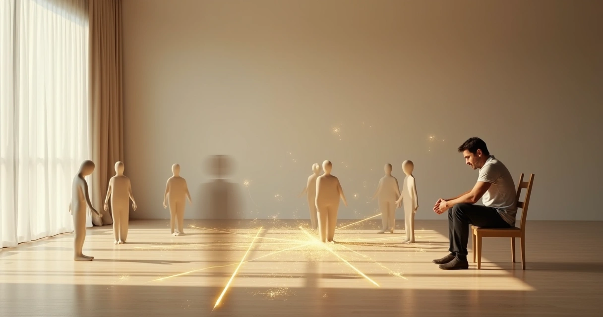 Pessoa refletindo em frente a figuras familiares em círculo com linhas de conexão 
