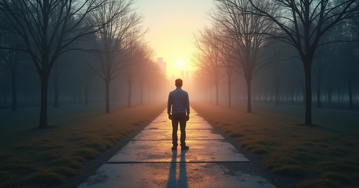 Pessoa diante de caminho bifurcado com sombras pesadas e luz suave ao fundo 