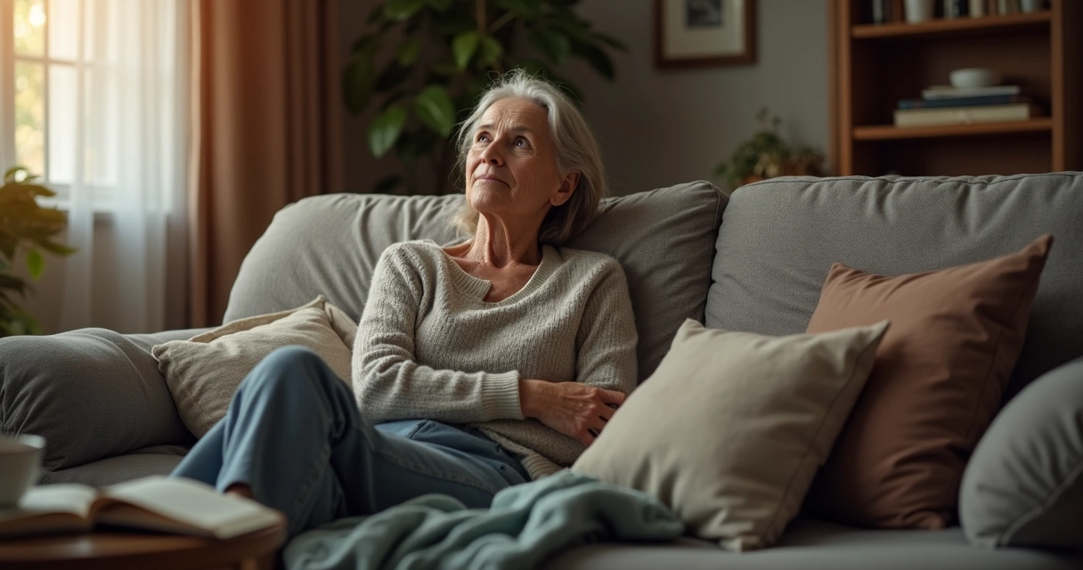Pessoa sentada em sofá olhando para o teto, expressão pensativa, com ambiente doméstico tranquilo ao redor 