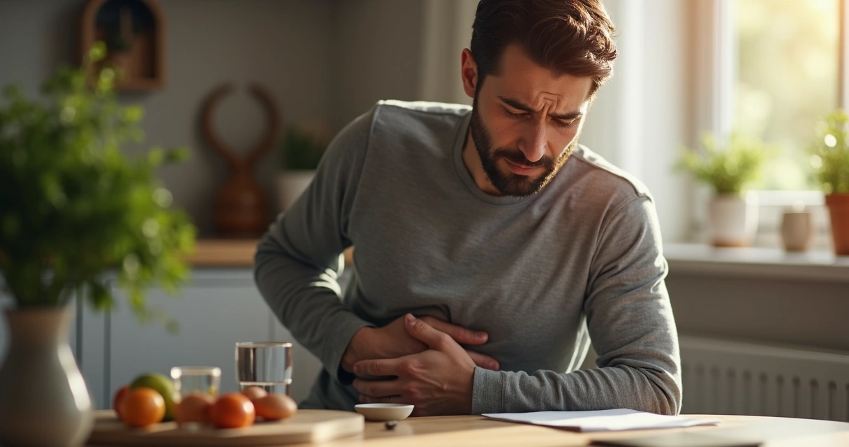Homem sentado à mesa com expressão triste, mão na barriga, copo d'água ao lado, cena de manhã com luz suave 