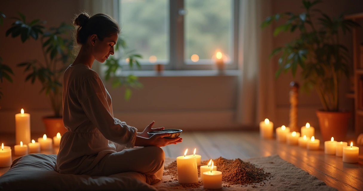 Mulher preparando ritual com velas e ervas em ambiente tranquilo