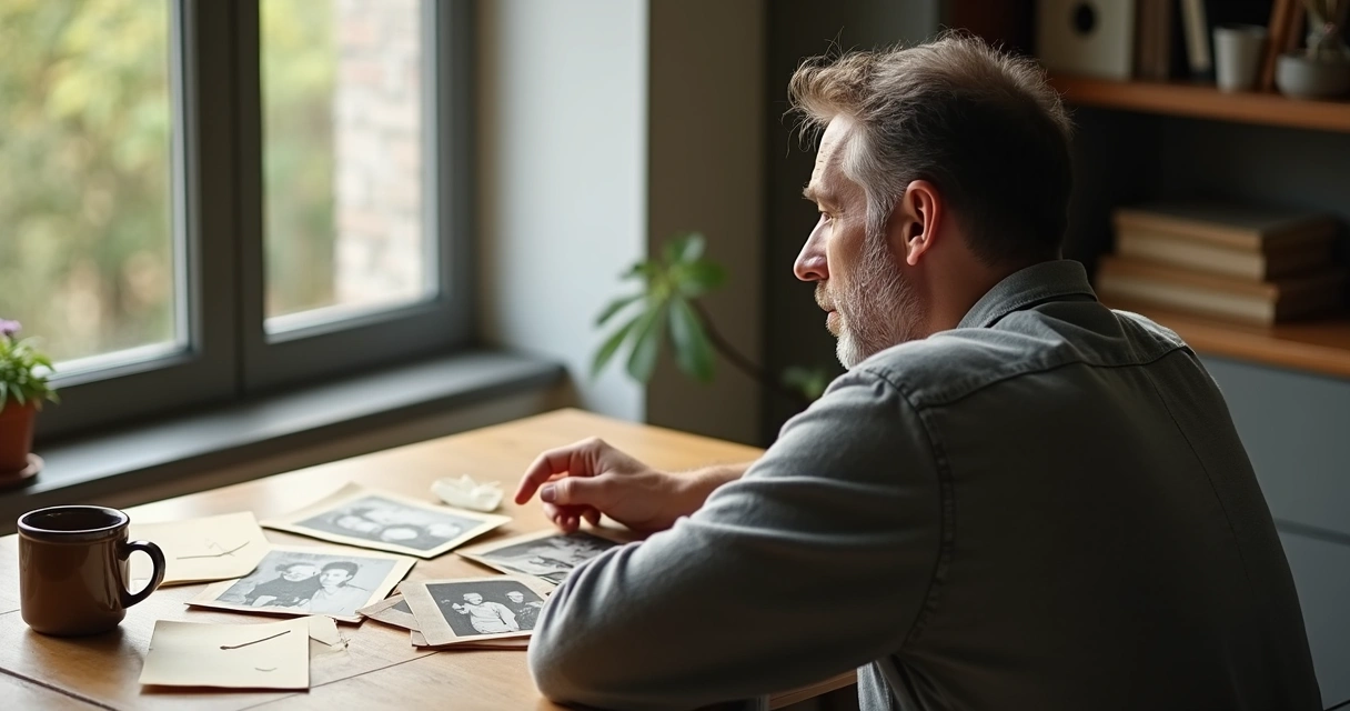 Persona adulta reflexionando frente a fotos familiares antiguas sobre una mesa 