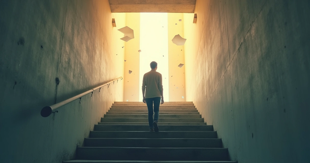 Pessoa caminhando de uma escada sombria em direção a um corredor iluminado 