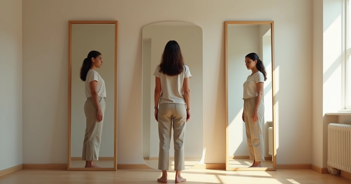 Pessoa em frente a três espelhos com reflexos diferentes representando conflitos internos 