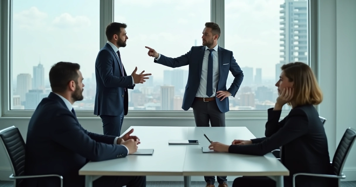 Homem apontando o dedo para colega de trabalho em reunião 