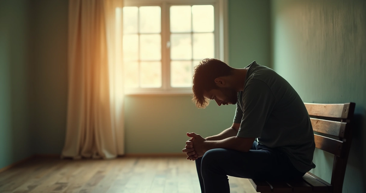 Pessoa sentada em um banco pensando sozinha, ambiente interno, luz suave