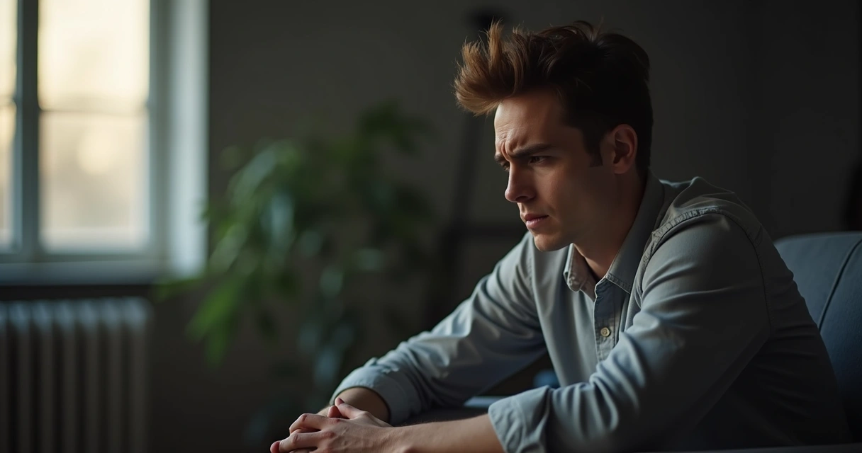 Pessoa sentada refletindo, com semblante preocupado, em ambiente interno 