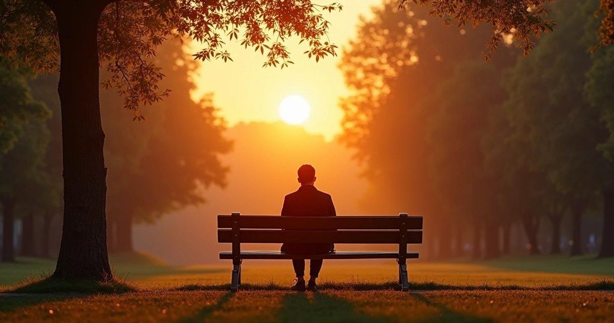 Persona sentada sola en un banco de parque, meditando durante el atardecer, rodeada de naturaleza.