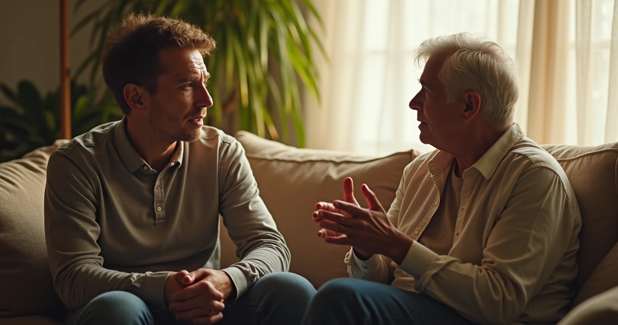 Duas pessoas sentadas conversando em uma sala iluminada por luz natural, uma parece escutar enquanto a outra fala e gesticula com as mãos 