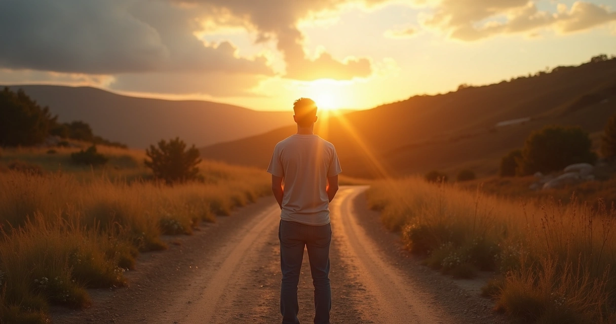 Pessoa em encruzilhada escolhendo caminho da responsabilidade em vez da culpa 
