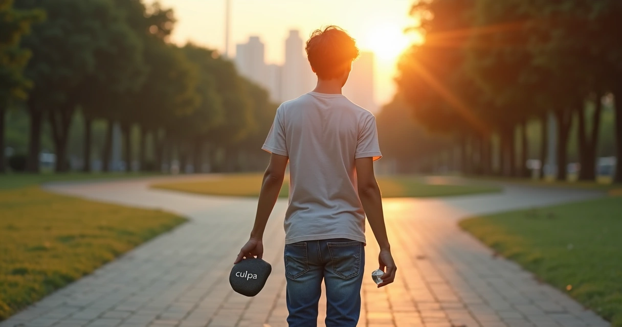 Pessoa em encruzilhada segurando pesos de culpa e responsabilidade 