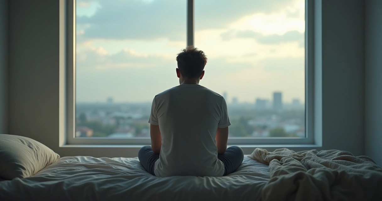 Pessoa sentada sozinha olhando pela janela em clima de introspecção 
