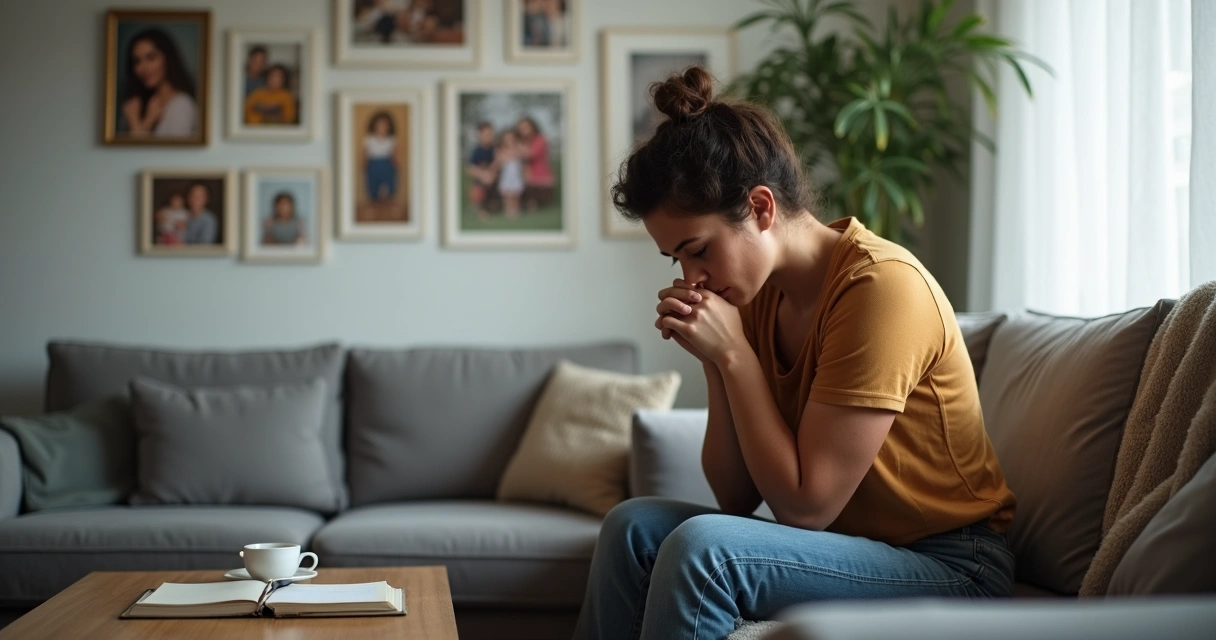 Pessoa sentada pensativa em sala com fotos de família desfocadas ao fundo 