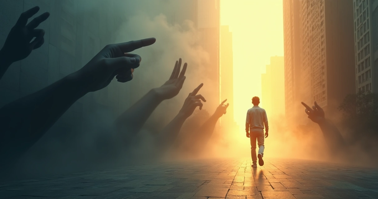 Pessoa em pé diante de sombras apontando dedos, escolhendo caminhar por um caminho iluminado 