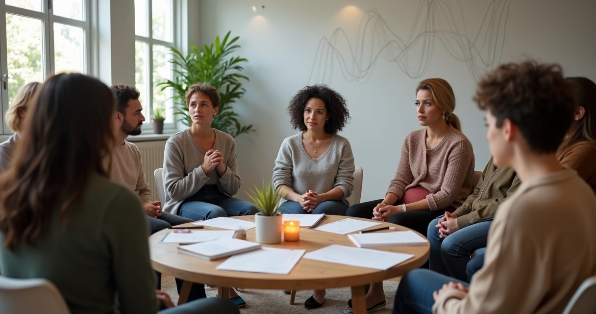 Grupo de pessoas em círculo refletindo sobre culpa e responsabilidade coletiva 