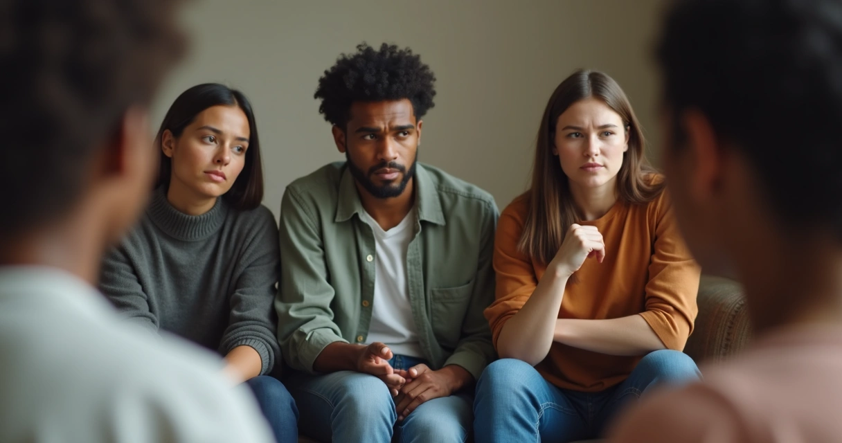 Grupo de pessoas sentadas em círculo, algumas cabisbaixas, em ambiente neutro 