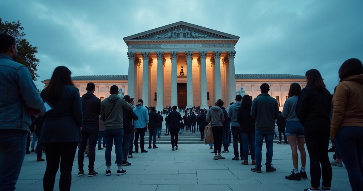 Multidão diante de prédio governamental com sombras projetando silhuetas pesadas 