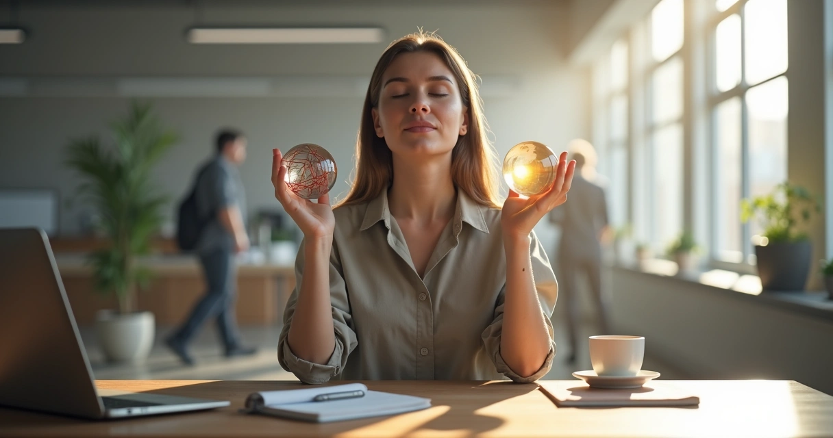 Profesional en oficina tranquila equilibrando símbolos de culpa y calma 