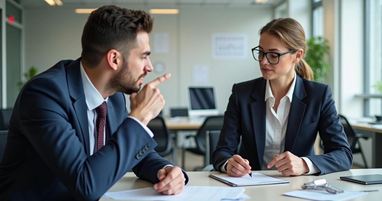 Dos trabajadores en una oficina, uno señalando al otro mientras ambos se ven incómodos