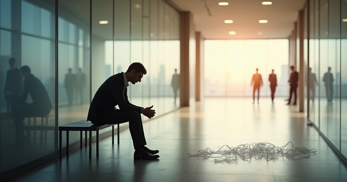 Profissional sentado em corredor corporativo com sombra projetando pesos de culpa e vergonha 
