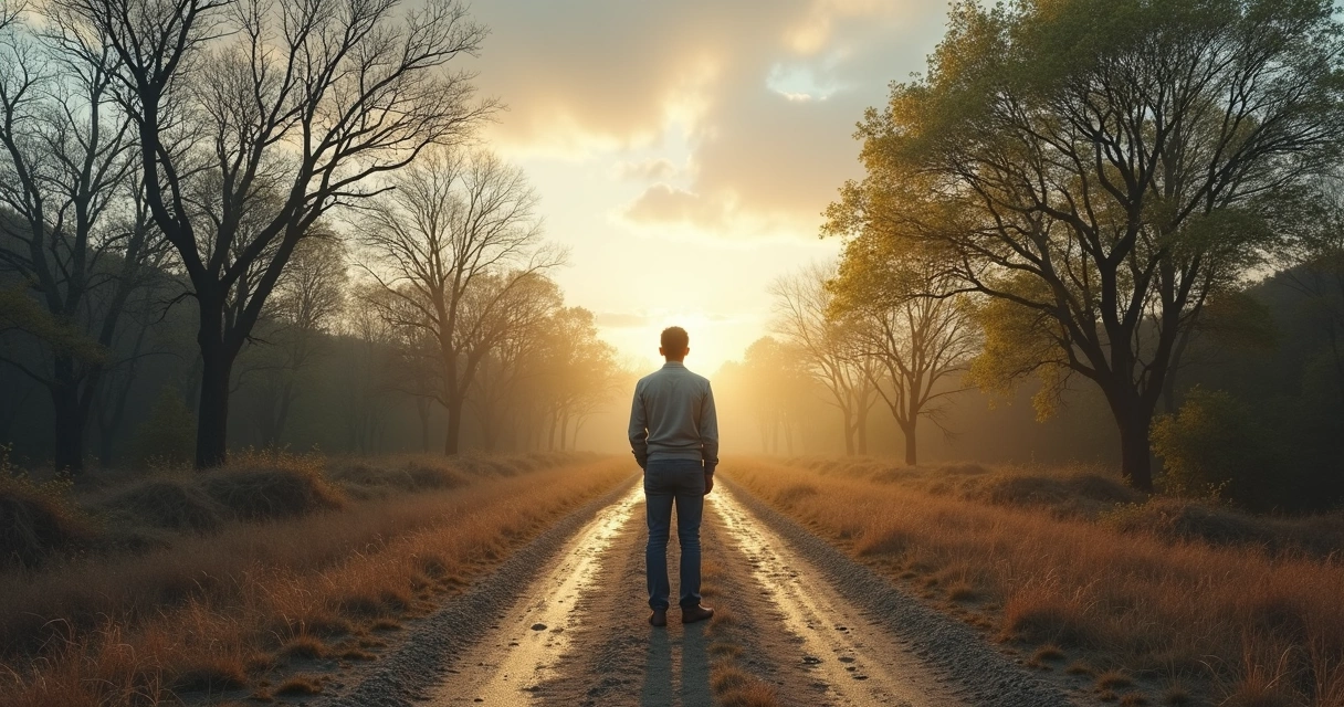 Persona frente a dos caminos simbolizando culpa y responsabilidad 