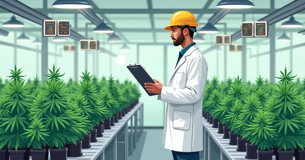 Funcionário em estufa de cannabis vestindo jaleco e EPI checa plantas em bancadas alinhadas 