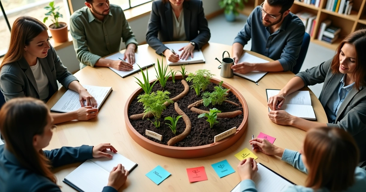 Equipe em volta de mesa cultivando pequeno jardim em formato de cérebro 