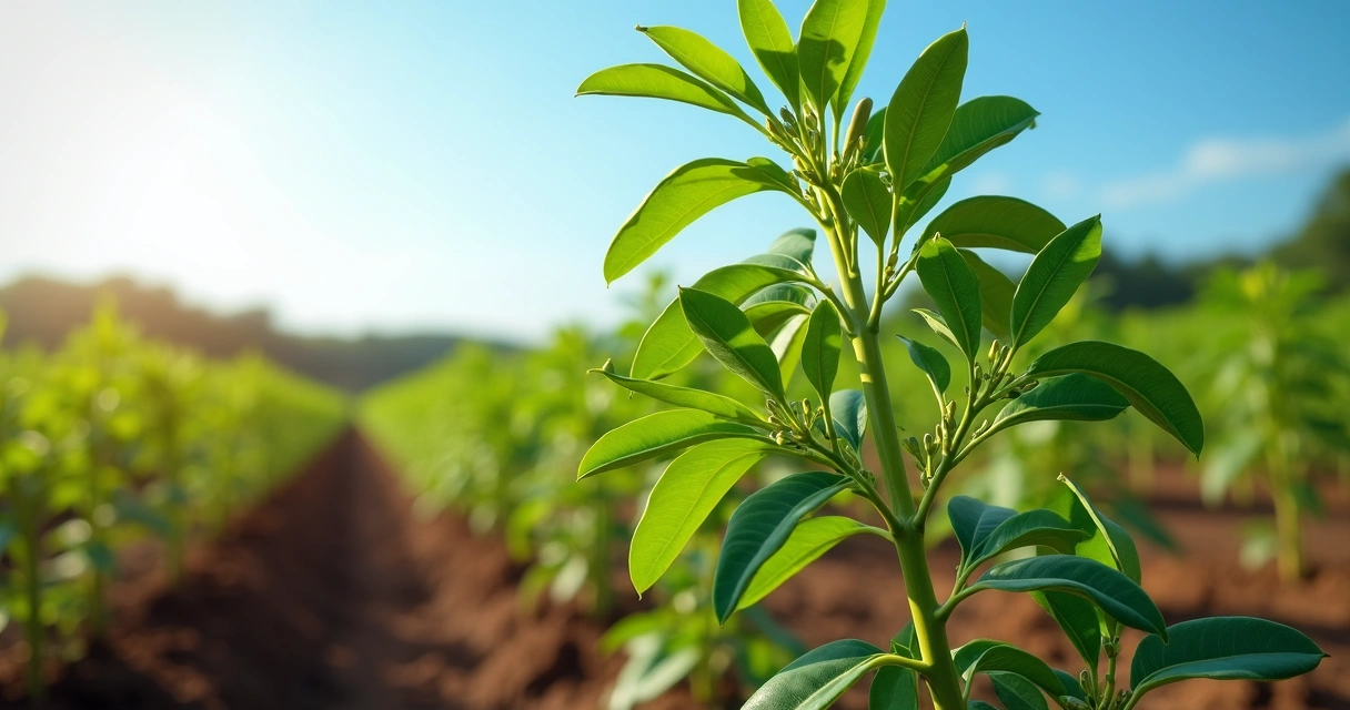 Planta de moringa com folhas verdes e frutos em cultivo ao ar livre sob céu azul 
