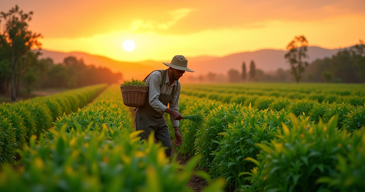 Pequeno produtor colhendo folhas de moringa verde em plantação rural ao pôr do sol 