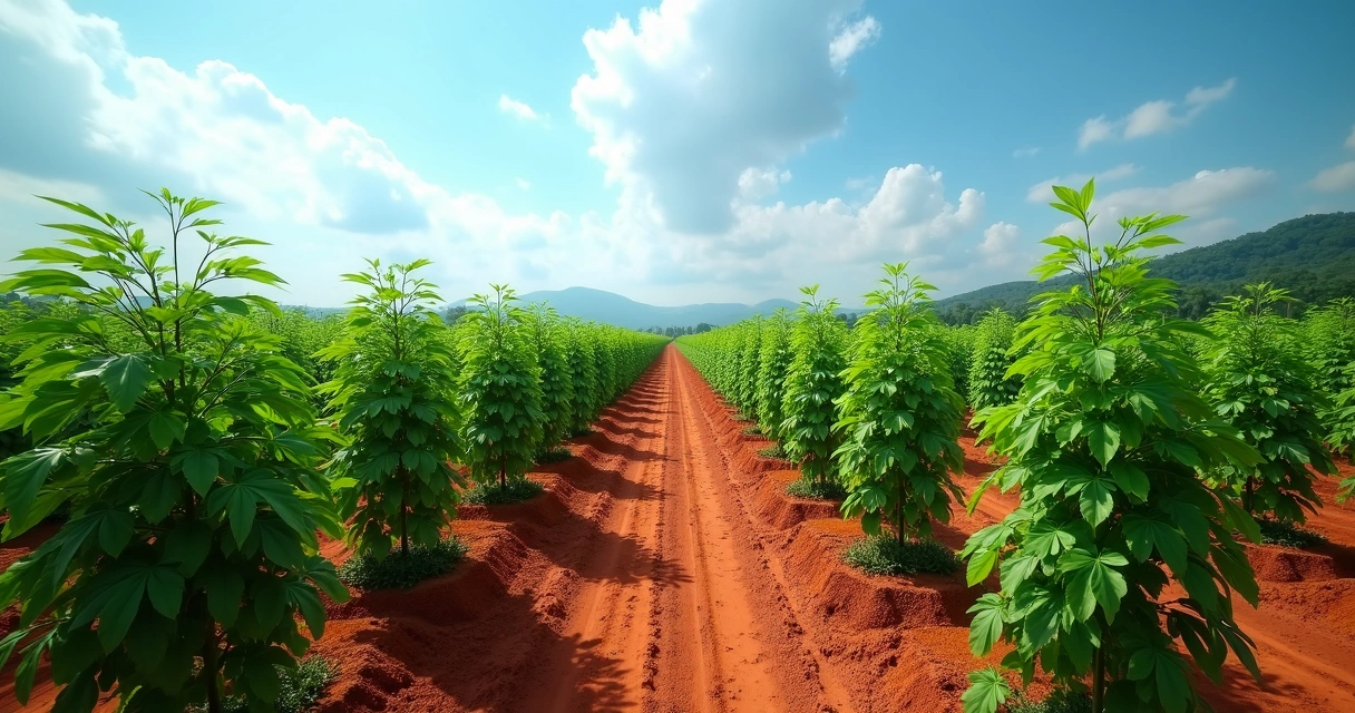 Plantação de moringa em solo brasileiro com árvores verdes e céu claro